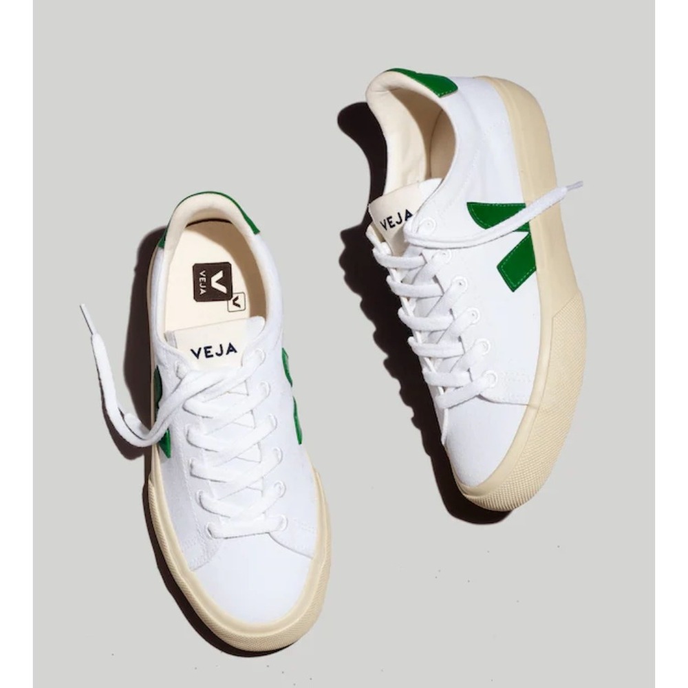 Veja Canvas Shoes Womens Size 7 White Emerald Green Low Top Lace Up Sneakers Eco